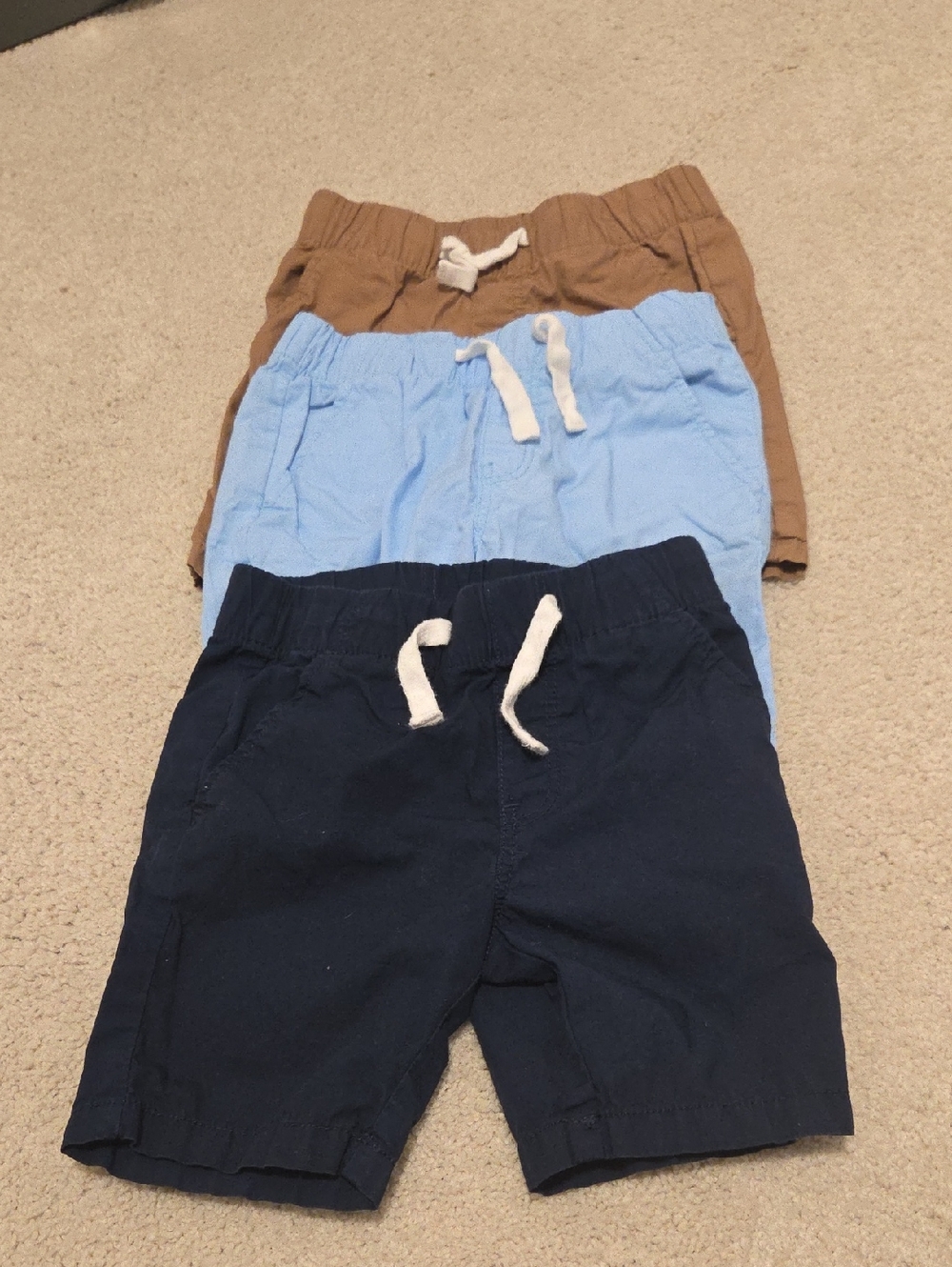 H&M Three-Pack Pull-On Cotton Shorts in Navy, Light Blue & Tan